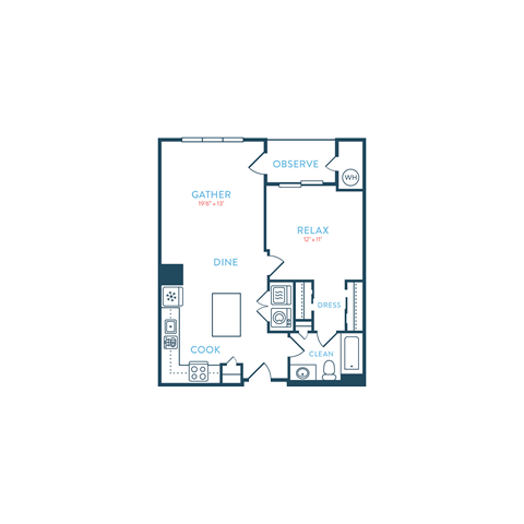 Floor plan for 1 bed, 1 bath, 803 sqft